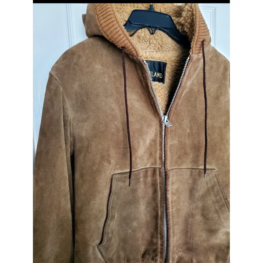 Lakeland Suede Bomber Jacket Tan Sherpa Lined Vintage Hooded Work Coat Mens 38